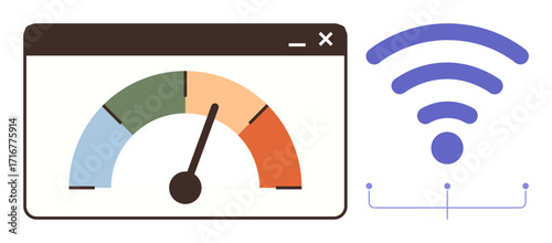 Speedometer indicator in a browser window showing varying levels of internet speed, paired with a wireless signal icon depicting connectivity. Ideal for technology, internet speed, communication