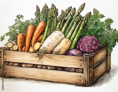 hand drawn sketch of assorted root vegetables asparagus in a wooden crate vegetables white background
