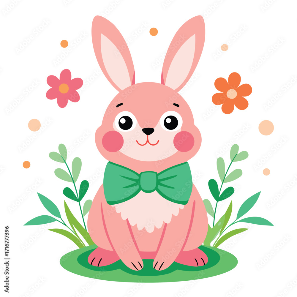 Obraz premium Cute pink rabbit with green bow and flowers isolated on a white background