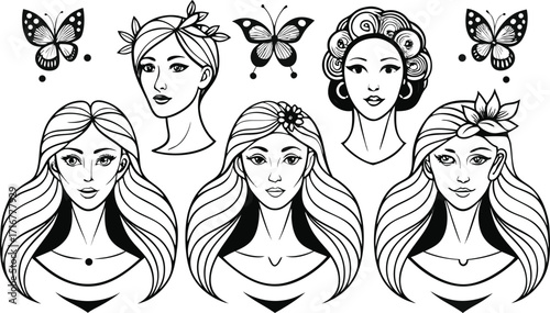 Elegant Line Art Collection of Women and Butterflies in a Variety of Styles