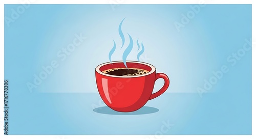 Hot steaming coffee in a vibrant red mug on a cool blue background
