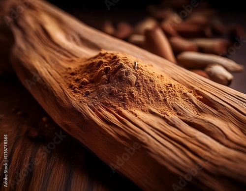 close up texture of woody sandalwood with dust premiumness sensorial in cinematic photorealistic style