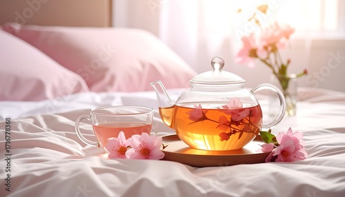 Glass teapot with cherry blossom tea on wooden tray beside white teacup, cozy springtime bed setting.