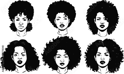 Diverse Black Women Portraits Bold Line Art Illustration Afro Hairstyles
