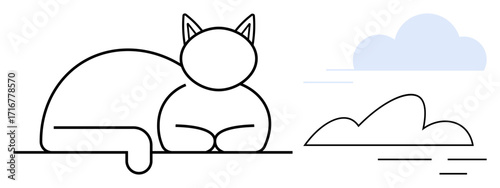 Relaxing cat in simple line art style rests peacefully above horizon with soft clouds nearby. Ideal for relaxation, simplicity, tranquility, nature, lifestyle, minimalism, mindfulness themes. Light