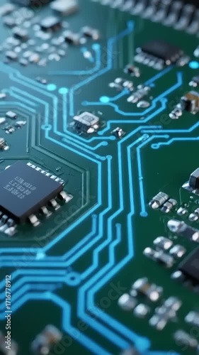 Close-up view of a green circuit board with intricate blue circuitry and microchips showcasing technology