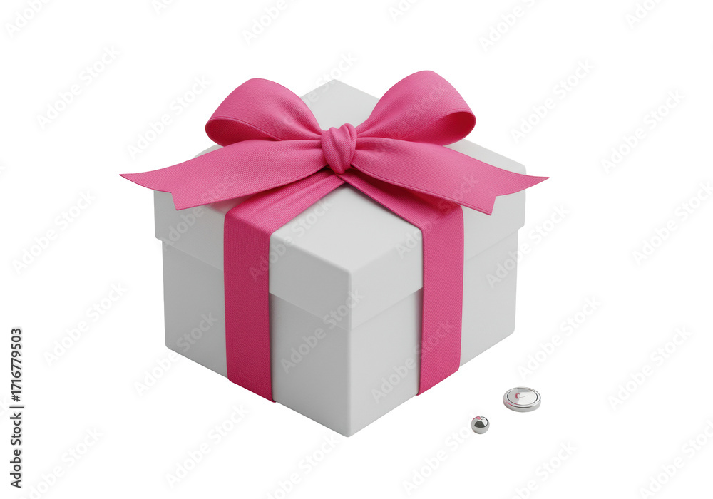 Obraz premium Pristine matte white gift box with vibrant pink satin ribbon bow and delicate polished silver charm, on seamless transparent background with high-key lighting, commercial luxury product concept