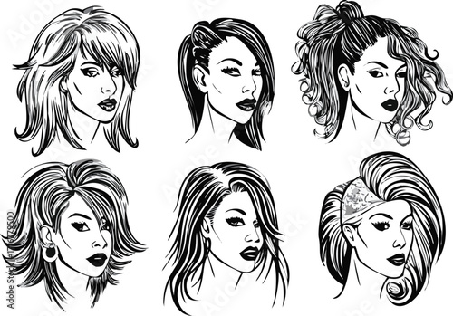 Diverse Women Portraits in Black and White Fashionable Hairstyle Collection