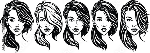 Black and White Portraits of Women with Different Hairstyles and Facial Expressions