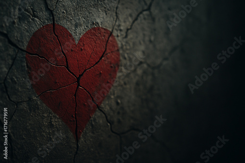 Cracked red heart on dark concrete wall heartbreak concept