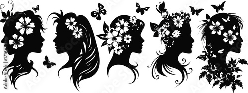 Elegant Silhouette Portraits with Floral and Butterfly Adornments in Black and White