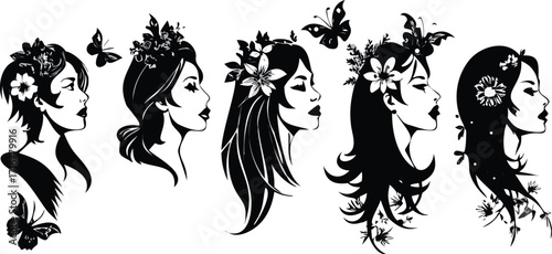 Silhouette Beauties Graceful Women with Floral Adornments and Butterflies in Artistic Black and White
