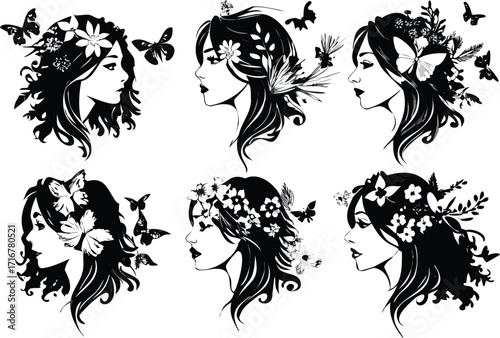 Elegant Women Silhouettes with Floral and Butterfly Embellishments A Beautiful Black and White Compilation