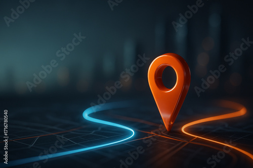 3D map pin with neon route on dark city map