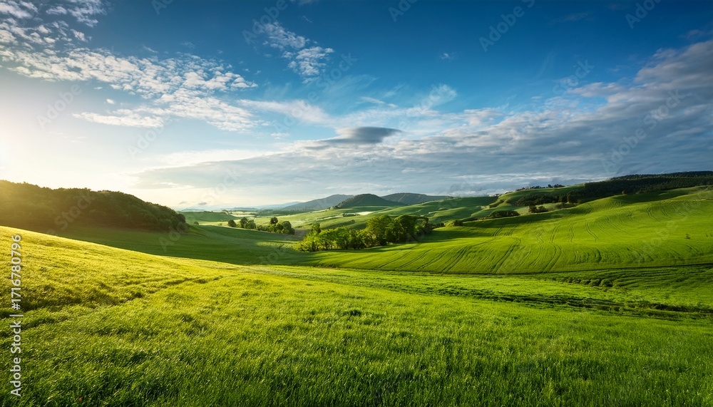 Fototapeta premium Serene Countryside Landscape Lush Green Meadow Bright Blue Sky Morning Sunlight Rolling Hills