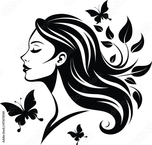 Elegant Woman Silhouette with Flowing Hair and Butterfly Accents