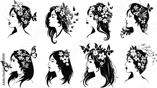Diverse Silhouettes of Women Adorned with Flowers and Butterflies in Black and White