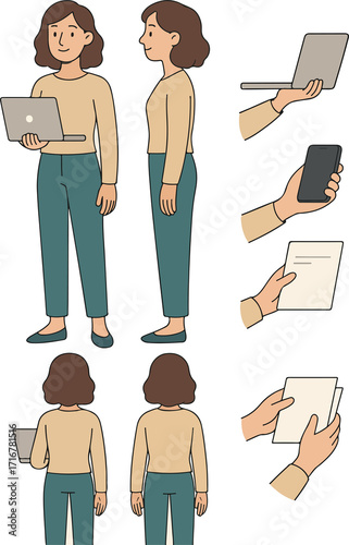 Cartoon woman working with laptop and smartphone, front, side, and rear views, ideal for business and lifestyle content, perfect for presentations