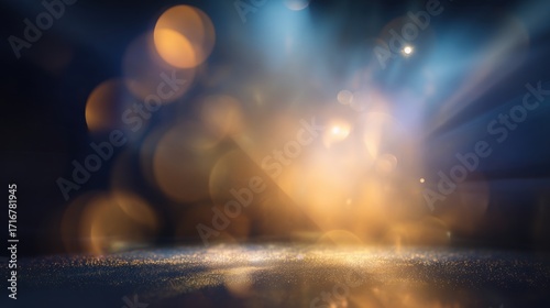 Abstract gold and blue bokeh lights Dark background Sparkling texture Holiday backdrop Festive design Glowing particles Vector illustration
