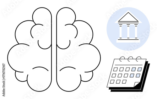 Brain outline with a courthouse icon in a blue circle and a calendar, signifying planning, law, logic, time management, education, organization, and decision-making. Ideal for concepts of justice