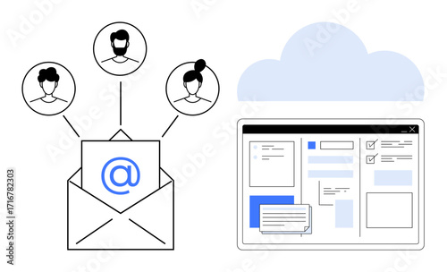 Open email envelope with user profiles, cloud graphic, and online dashboard. Ideal for teamwork, networking, remote work, cloud storage, digital tools organization communication. Simple flat