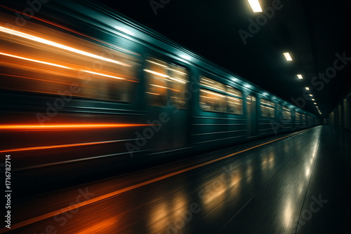 Speeding subway train in underground station, motion blur