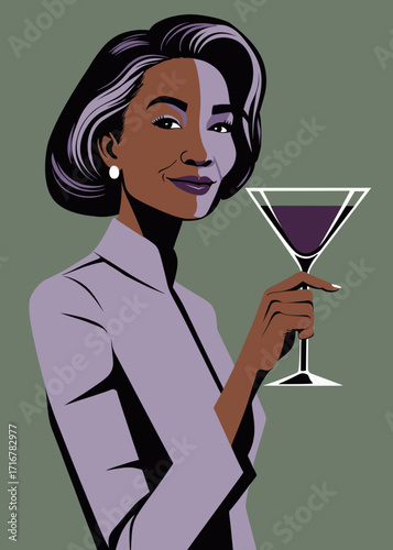 Stylish mature Black woman in 3 quarter view, holding a cocktail glass with graceful poise. Modern poster with bold clean lines. Perfect for lifestyle branding, or contemporary illustration projects.