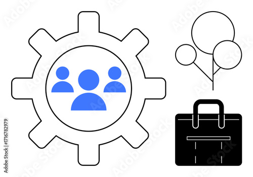 Gear with team icons symbolizes collaboration balloons represent celebration and a black briefcase signifies business. Ideal for teamwork, productivity, office culture, goal setting, leadership
