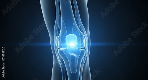 Illuminated knee joint anatomy showing bones and ligaments on a dark blue background rendering