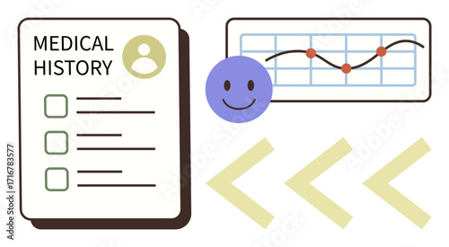 Medical history form, happy face, chart with data points, and navigation symbols. Ideal for healthcare, wellness, research, data visualization, progress tracking digital tools simple flat metaphor