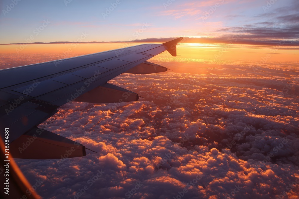 Obraz premium Airplane wing above clouds Sunset view Flight travel concept Dramatic lighting High angle view