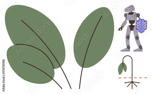 Robot holding shield near large green leaves and small wilting plant on pole. Ideal for environment, sustainability, artificial intelligence, robotics, agriculture technology, climate action, simple