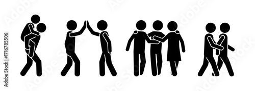 Stickman friendship and family relationship icon set. Vector pictogram of people piggyback, high five, group hug, walking together, support, unity, teamwork, bonding, social connection illustration.