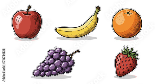 A colorful collection of hand drawn fruits including an apple banana orange grapes and strawberry
