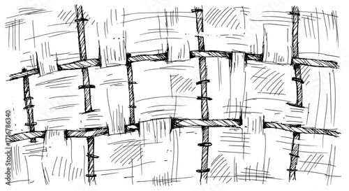 Abstract hand drawn sketch of interlocking structural elements with textured hatching