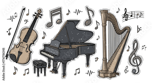 A vintage illustration of a grand piano harp and violin with musical notes on a black background