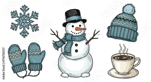 Charming winter scene featuring a snowman snowflake mittens beanie and hot coffee