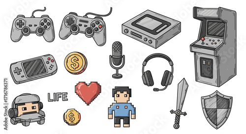 Pixel art gaming icons featuring controllers consoles and retro arcade machine elements