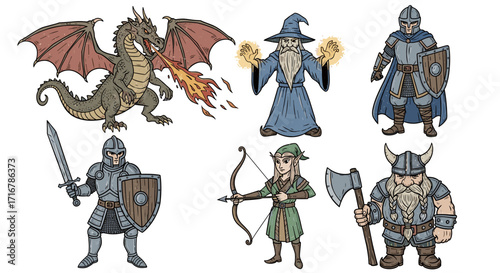 Fantasy adventure characters including dragon wizard knight elf and dwarf ready for battle