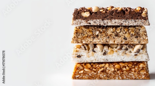 Stack of various healthy protein and granola bars featuring nuts, chocolate, and oats, providing nutritious energy for snacking or breakfast on a clean white background