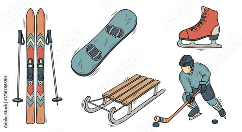 Collection of winter sports equipment and activities including skiing snowboarding ice skating sledding and hockey
