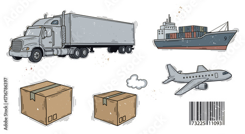 Diverse transportation methods for shipping goods including trucks ships airplanes and packages