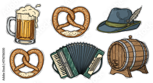 Oktoberfest celebration icons featuring beer pretzel hat accordion and wooden barrel