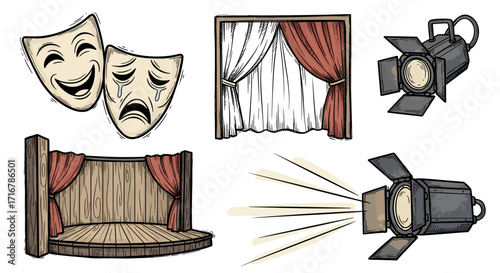 Drawn theatrical elements including comedy and tragedy masks stage curtains and spotlights on black background