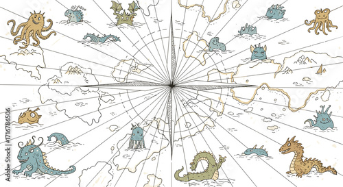 Whimsical sea monsters and mythical creatures populate an ancient world map illustration