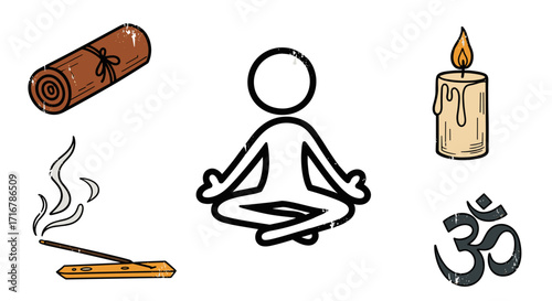 Zen meditation and spiritual elements including a figure incense candle scroll and om symbol