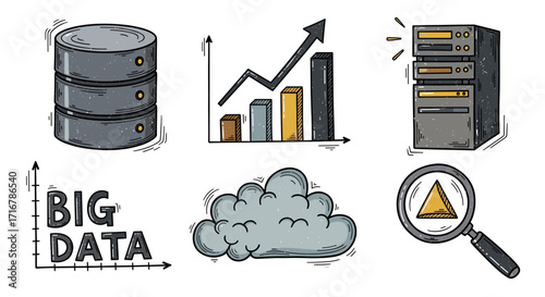Conceptual illustration of big data elements including database servers cloud and analytics with magnifying glass