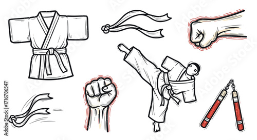Martial arts collection featuring karate gi kicks fists and nunchucks with ribbons