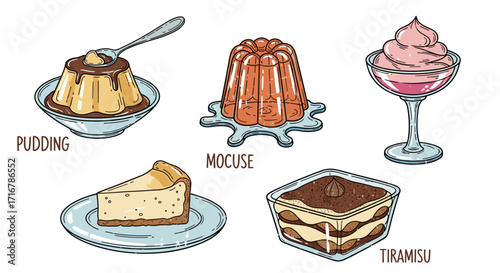 A delicious assortment of desserts including pudding cheesecake mousse and tiramisu