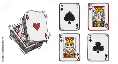 A hand of playing cards featuring aces kings queens and jacks on a dark background